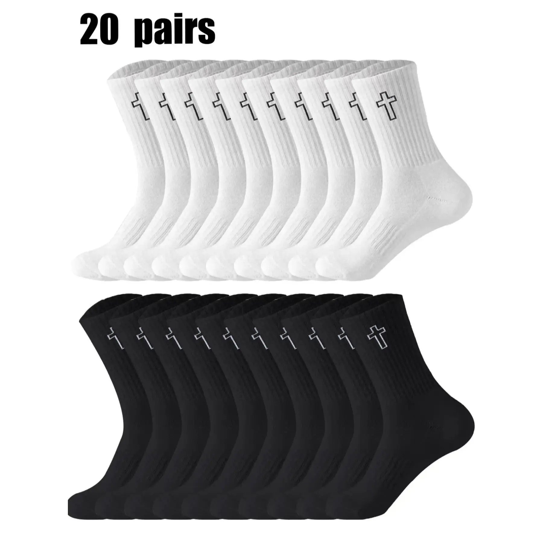 Men's Mid-Calf Crew Socks Bulk (10/20 Pairs) - Christian Cross Printed, Soft Breathable Cotton Athletic Wear, Male Socks for Gym Walking, All-Season Use, Machine Washable, Black White Assorted Colors