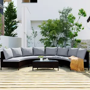 5 Pieces All-Weather Brown PE Rattan Wicker Sofa Set Outdoor Patio Sectional Furniture Set Half-Moon Sofa Set with Tempered Glass Table, Grey