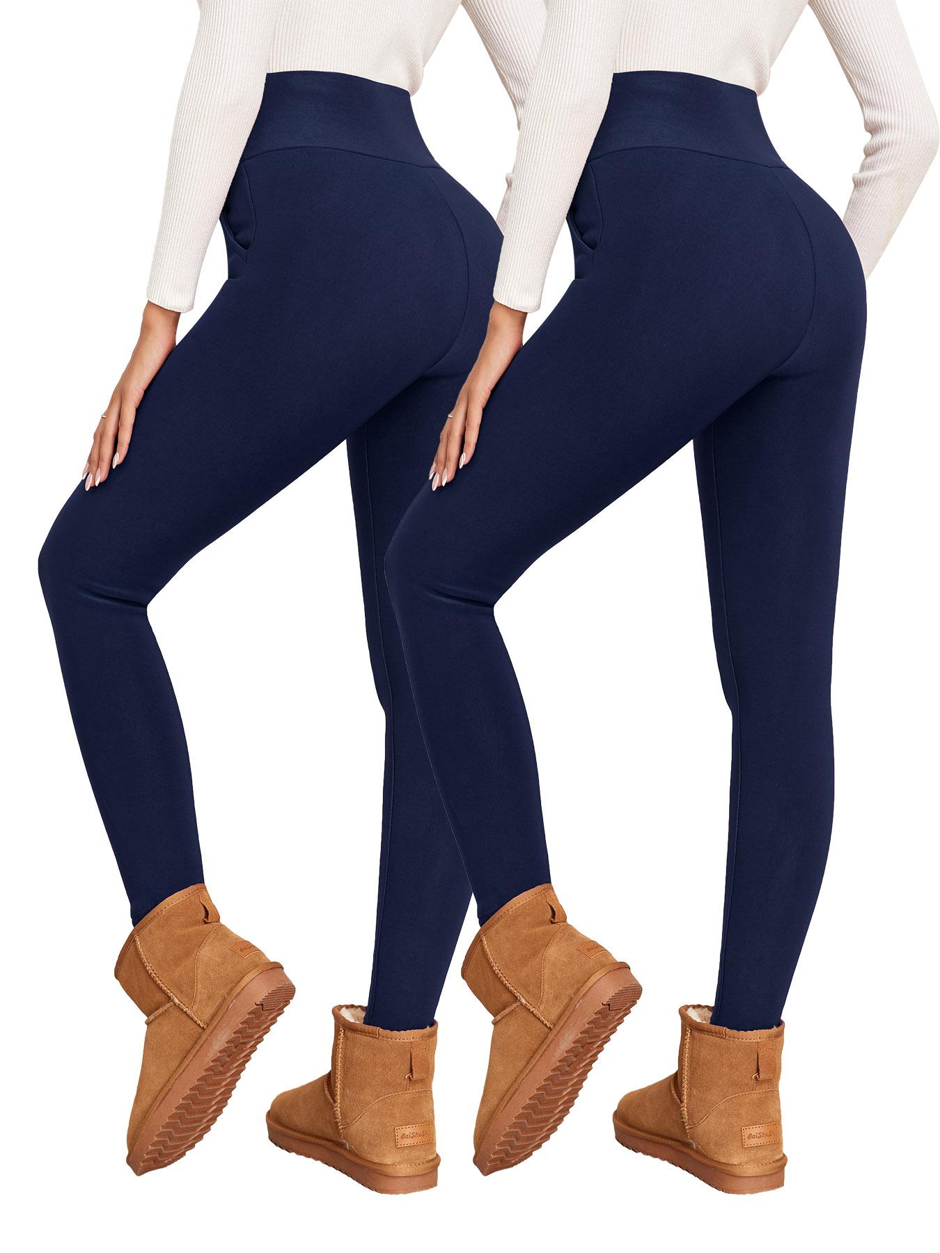 Women's Plain Basic Minimalist Pocket High Waist Thermal Lined Leggings, Casual Comfy Warm Skinny Pants for Everyday Wear, Ladies Bottoms for Winter Womenswear