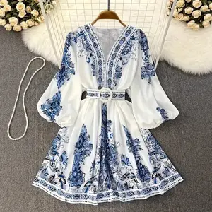 Vintage Bohemian Ethnic Paisley Printed Short Dress For Women, Deep V Neck Puff Long Sleeve Circle Buckle Belt Waist Flared A Line Mini Dress, Soft Lightweight Fabric Summer Holiday Photoshoot All-Match Boho Dress