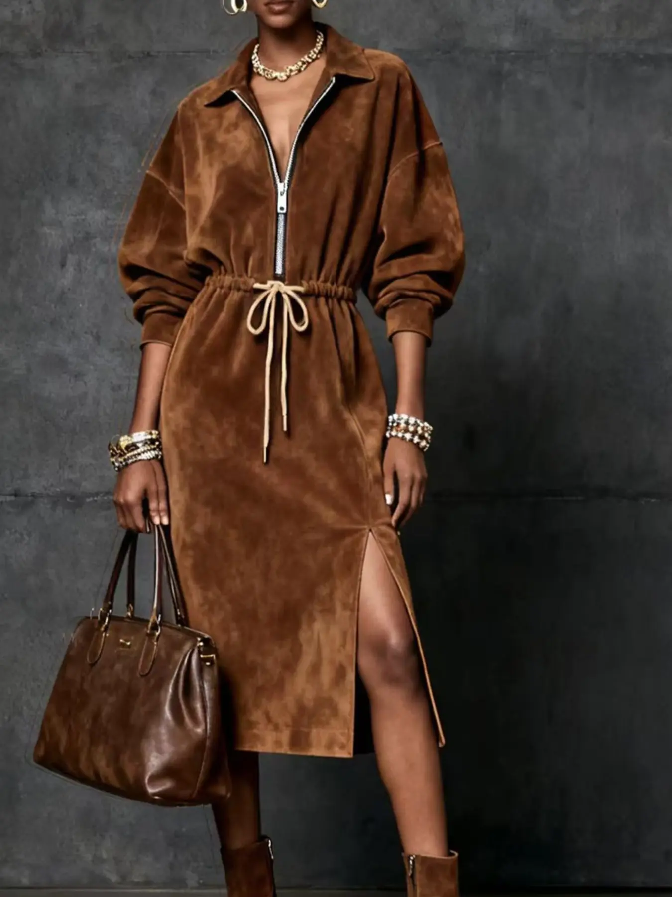 Women's Long Sleeve Midi Dress, Retro Streetwear, Slim-Fitting, Thick Suede Fabric, Fall & Winter, Half Zip Lapel, Drawstring Waist