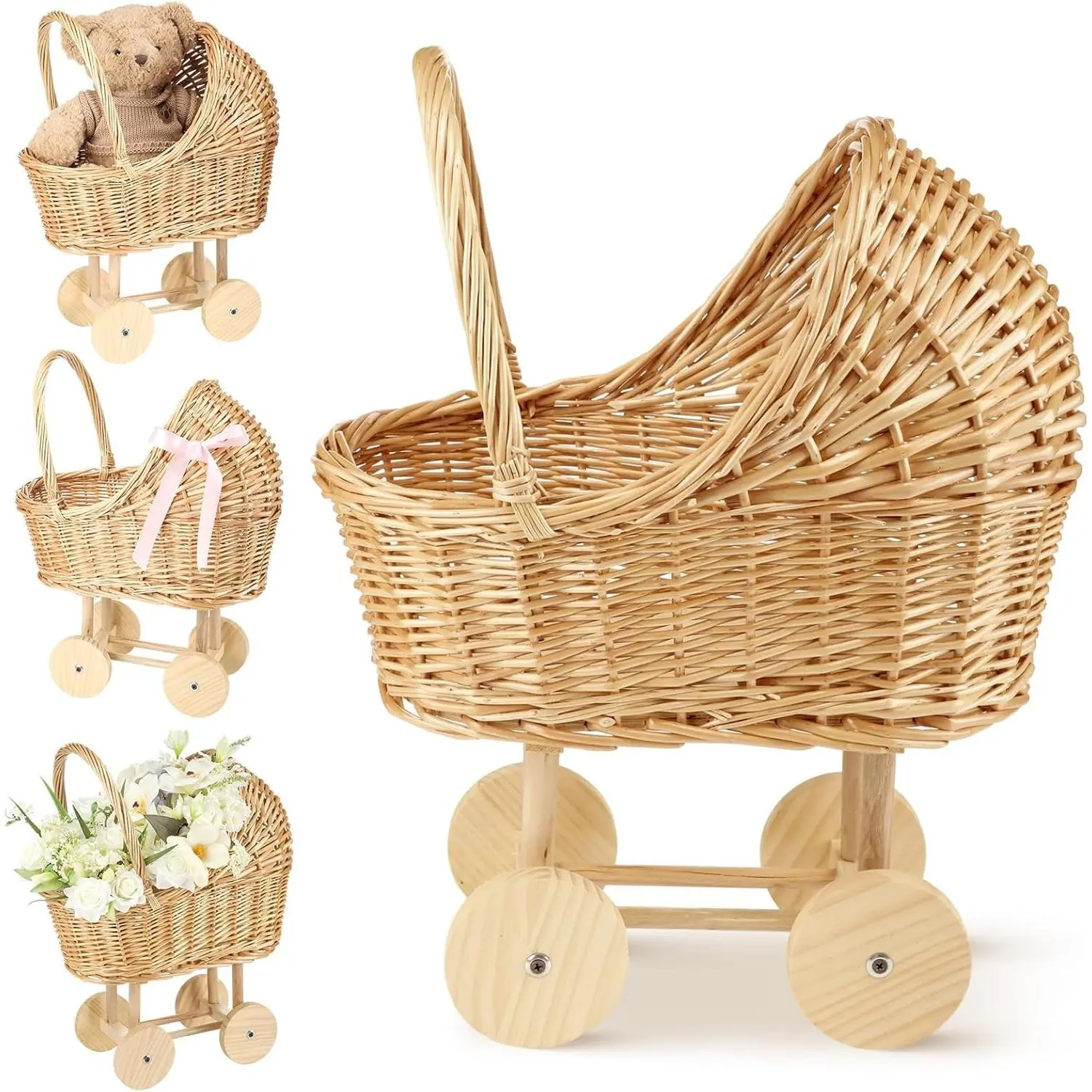 Wicker Baby Carriage Wicker Stroller for Baby Shower Vintage Woven Rattan Flower Basket Decorative Cart Storage with Handle for Floral Arrangement Wedding Photo Props (Wood Color,16 in)