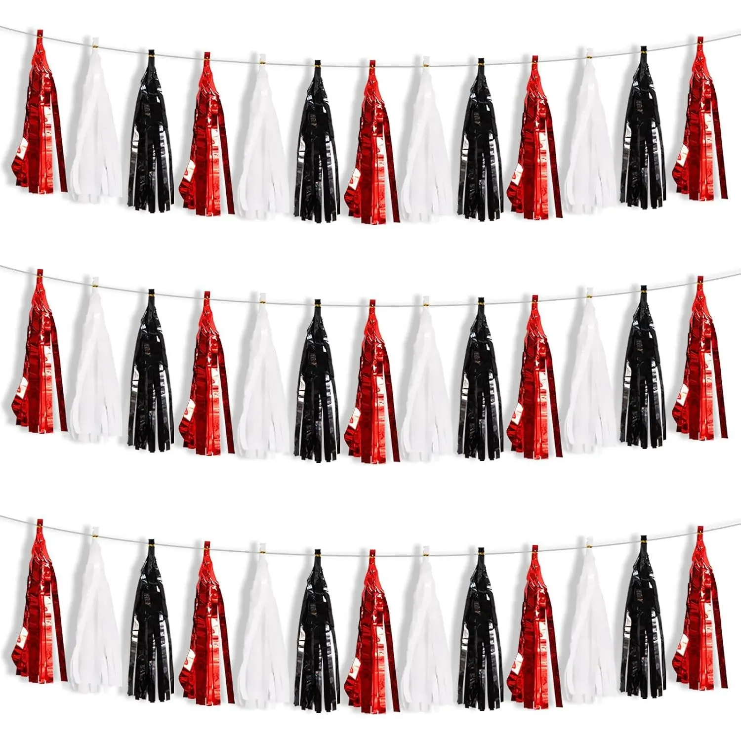 3 Packs Red Black White Metallic Foil Fringe Tassel Garland Pre-Strung Tassels Banner Streamers  Year Graduation Birthday Wedding  Shower Christmas Holiday Party Decoration 45 count