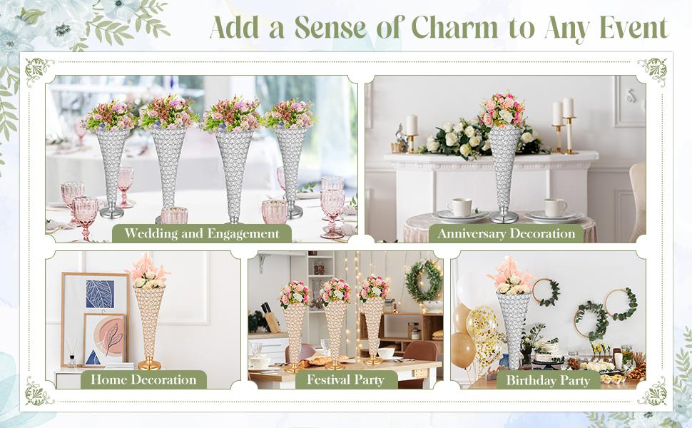 Rtteri 4 Pcs Crystal Trumpet Flower Vase 20 Inch Tall Wrought Iron Crystal Vase Flower Stand Centerpieces Wedding Table Vases Decor for Home Anniversary Ceremony Party Event Christmas (Silver)