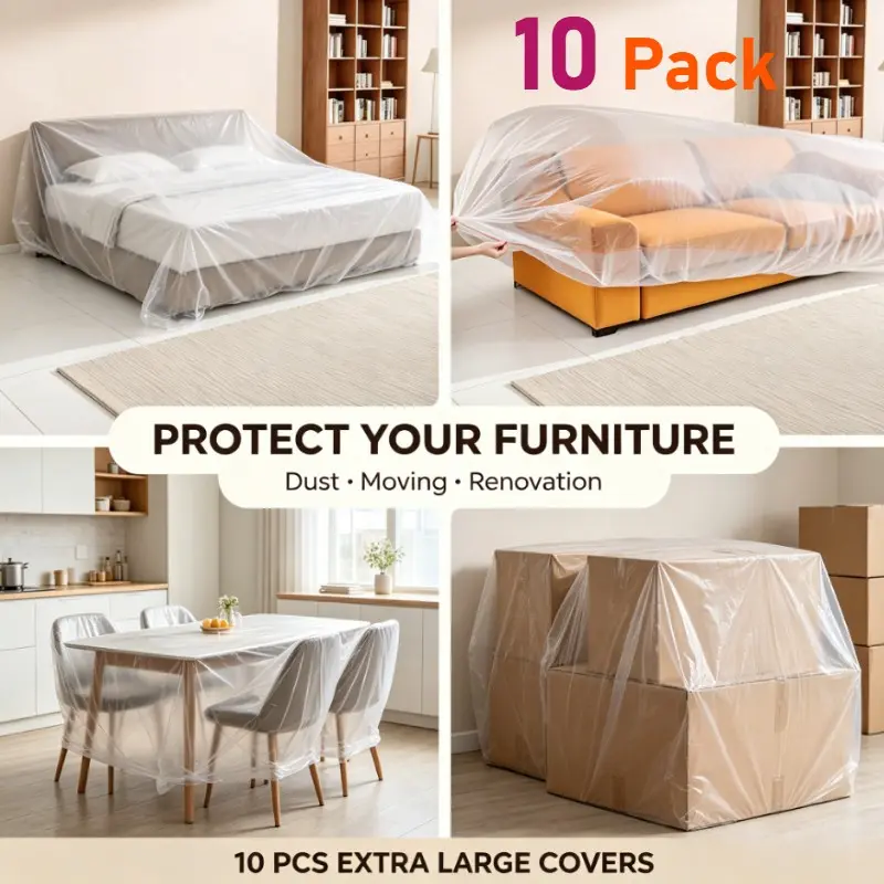 10-Pack Disposable Elastic Dust Covers, Large Sofa Furniture Protection, Plastic Film for Renovation, Dustproof Sleeves for Dorms, Living Room, Moving, Cleaning