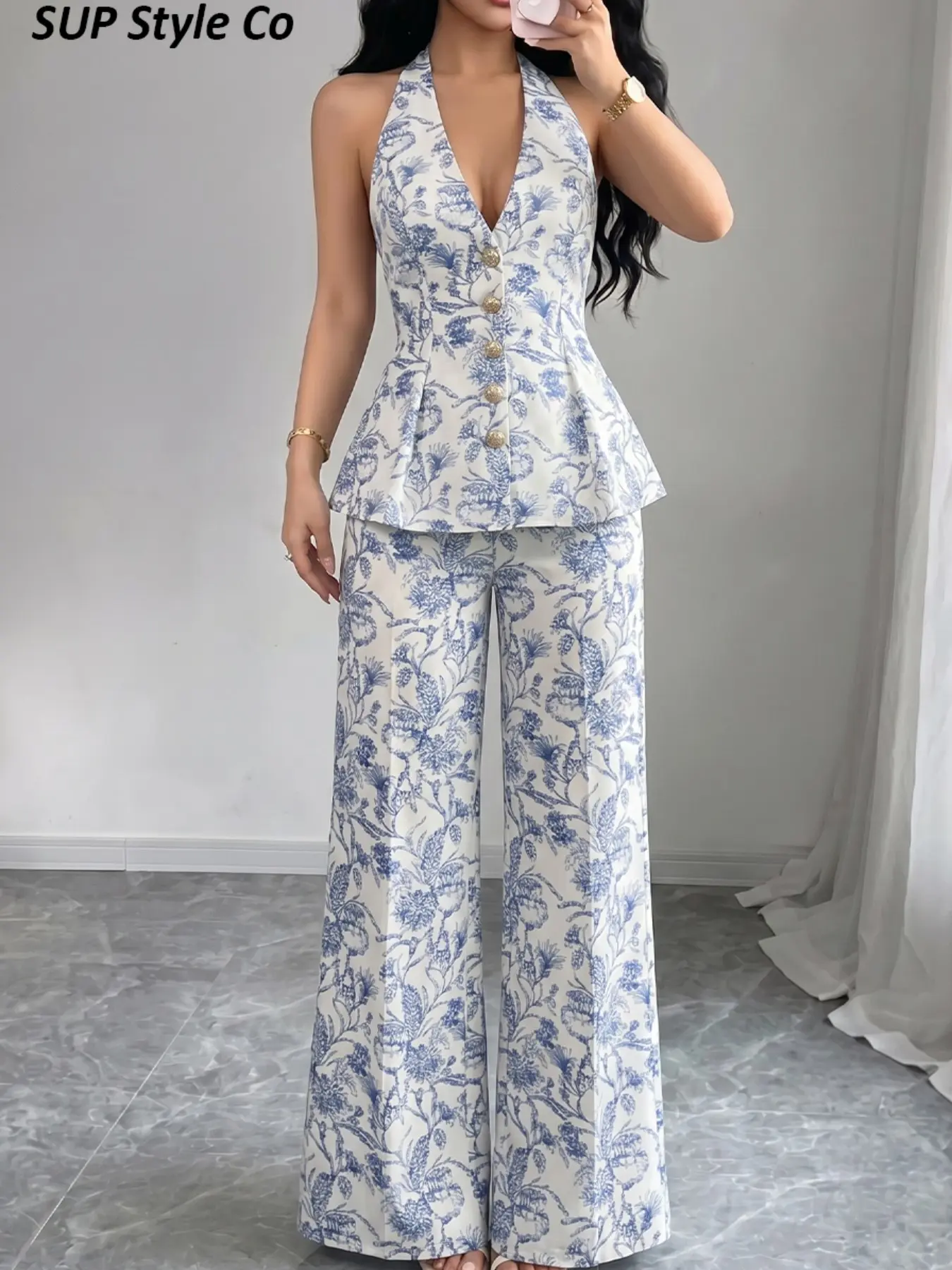 Women's Plant Print Sleeveless Halter Peplum Top and Wide Leg Pants Matching Set, Casual Summer, Slim Fit, Solid Pattern, Perfect for Daily Wear
