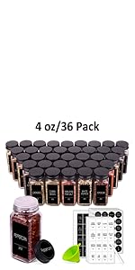 25 Spice Jars with 547 Labels- Glass Spice Jars with Black Metal Caps, 4oz Empty Spice Containers with Shaker Lids, Funnel, Chalk Pen, Square Seasoning Bottles for Spice Rack, Drawer, Cabinet