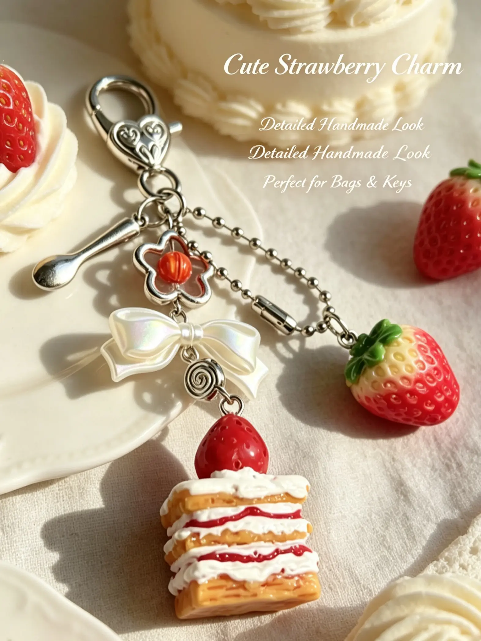 Cute 3D Strawberry Layer Cake Keychain Kawaii Y2K Dessert Bag Charm Pendant Aesthetic Handmade Key Ring For Backpack Purse Decoration Gift For Girls
