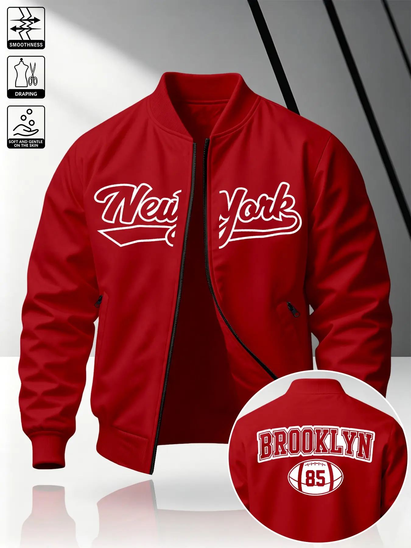 Men's Spring Fall Trendy New York Handwritten Baseball Flight Jacket, Brooklyn Rugby Pattern Loose Peter Pan Collar Zipper Dual Pocket Coat, Casual Outerwear