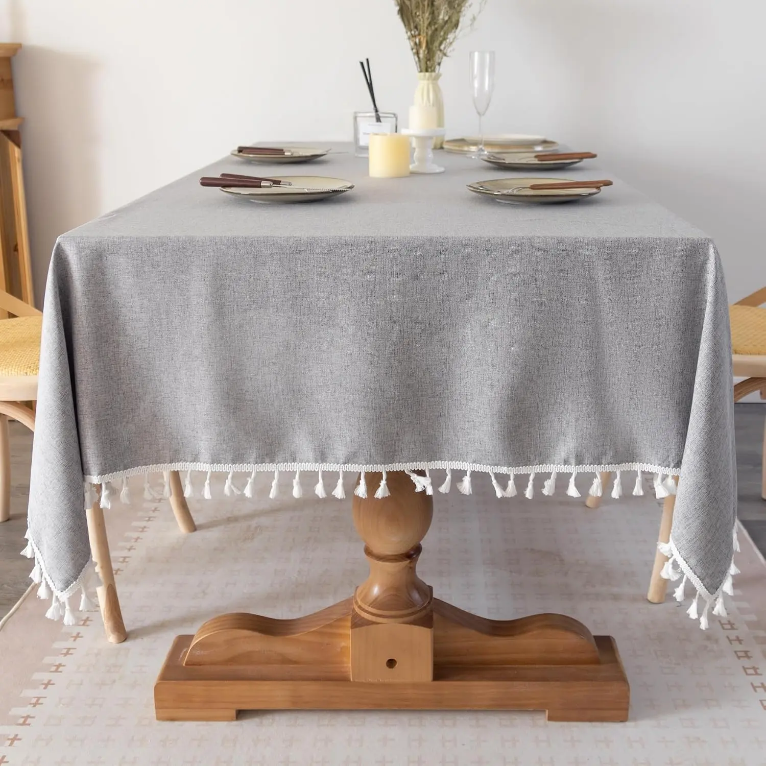 Rectangle Grey Textured Tablecloth with Tassels 55 x 70 Inch| Farmhouse Wrinkle Free Table Cloth Washable Decorative Burlap Table Cover for Dining Wedding and