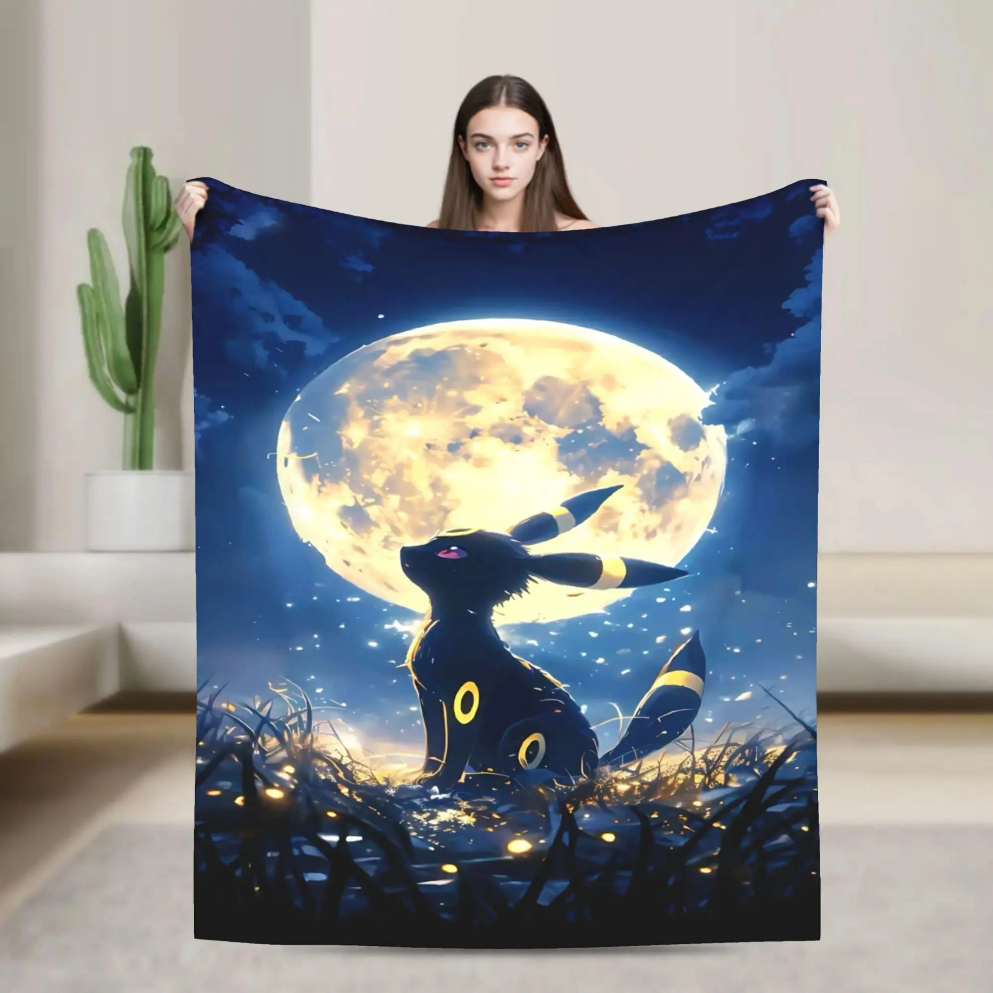 Anime Cartoon Eevee Umbreon Flannel Blanket Soft Cozy Warm Throw Blanket for Bedroom, Dorm Room, Sofa, Couch and Living Room, Perfect Fan Gift Multiple Sizes, Room Decor, House Decor
