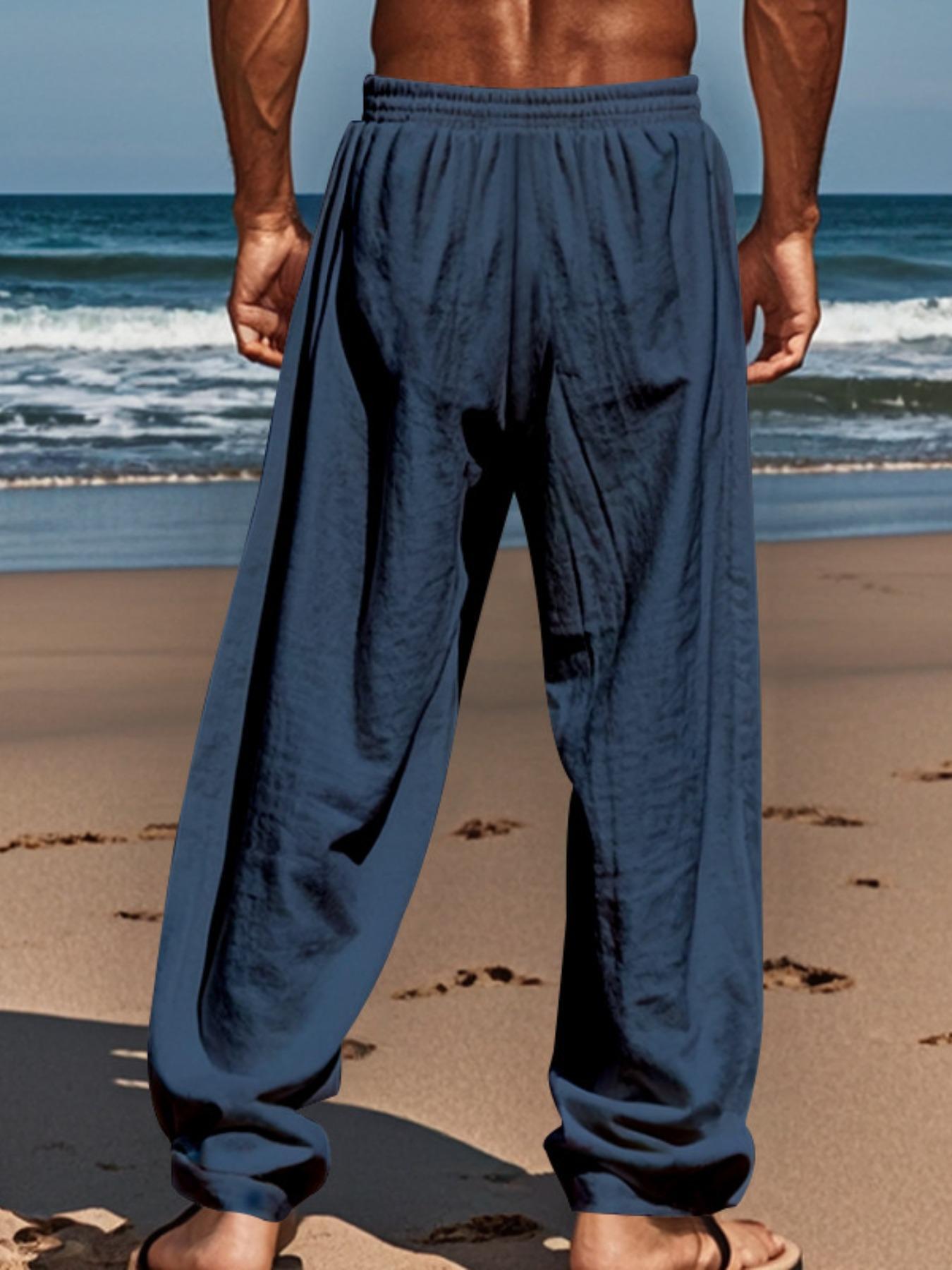 Men's Solid Color Linen Pants, Loose Casual Comfy Breathable Trousers, Casual Beach Pants for Vacation Holiday, Men Bottoms for Summer