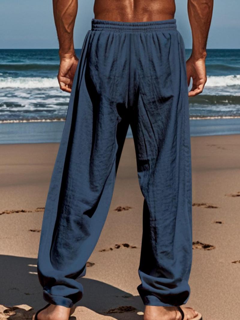Men's Solid Color Linen Pants, Loose Casual Comfy Breathable Trousers, Casual Beach Pants for Vacation Holiday, Men Bottoms for Summer