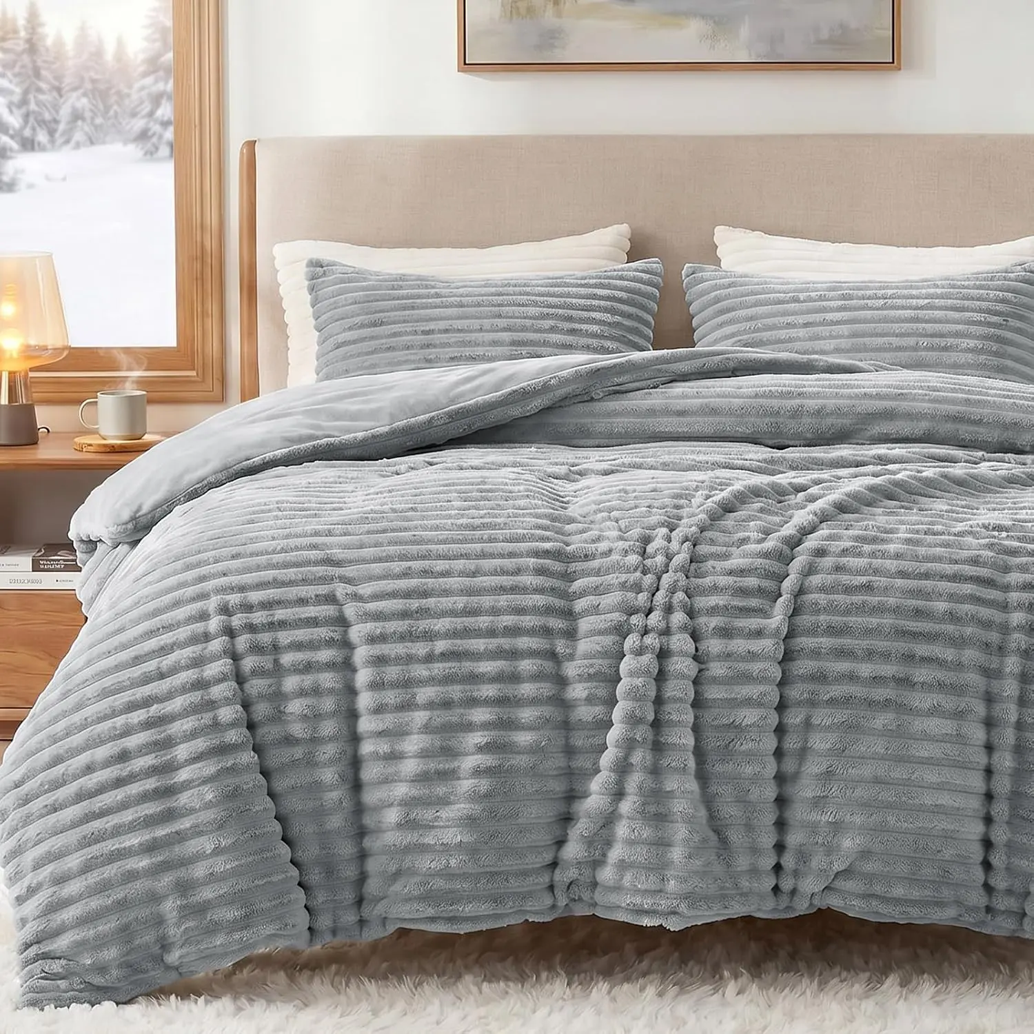 Fleece Queen Comforter Set, 3 Piece Winter Warm Grey Bedding| 300GSM Flannel Faux Fur, Oeko-TEX Certified, 3D Stripe, Bedroom Decor, With 2 Pillowcases, Machine Washable, Bed Set