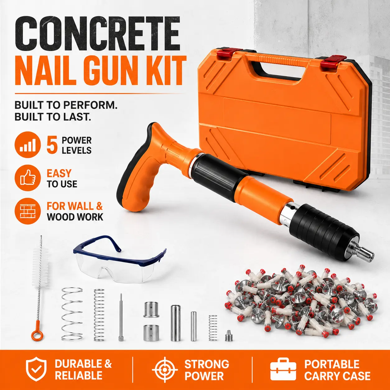 Heavy-Duty Concrete Nail Gun Set with Adjustable 5-Level Power Control, High-Efficiency Hardware Fastener for Cement Walls, Wood, Pipeline Installation, Household Repairs and Construction Projects