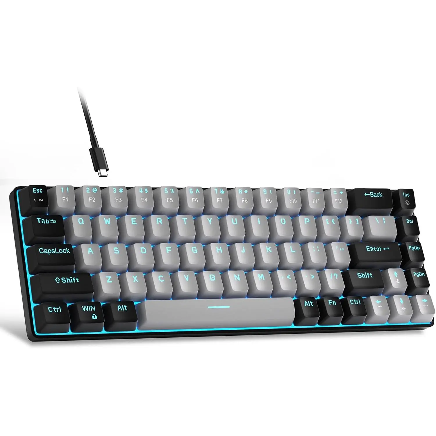 Portable 60% Mechanical Gaming Keyboard, MK-Box LED Backlit Compact 68  Mini Wired Office Keyboard with Blue  for Windows Laptop PC  - Grey/Black
