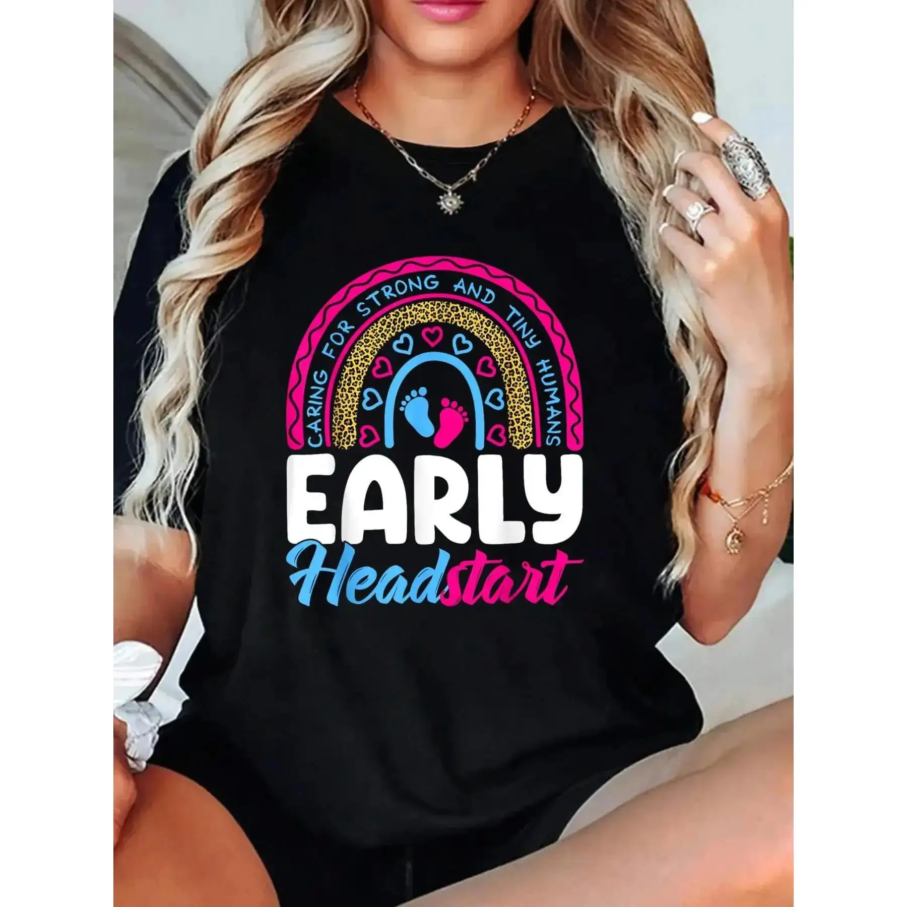 Women's Head Start Teacher Graphic T-Shirt - Casual Round Neck Short Sleeve, Back Animal Print, Soft Fabric, Machine Washable for Back to School, Machine Wash, Back Graphic, Crew Neck