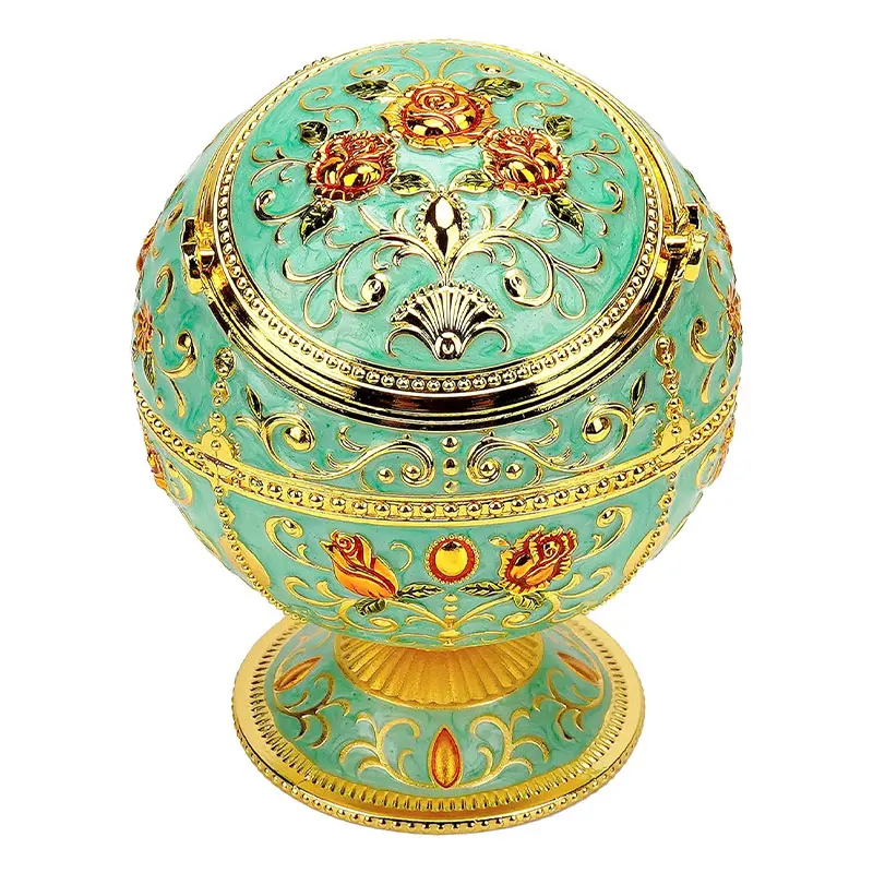 Vintage Enamel Ball Ashtray with Lid, Windproof Metal Cigar Ashtray, European Castle Rose Pattern, Elegant Decorative Home Bar Office Decor, Halloween Gift, Collectible Room Decor