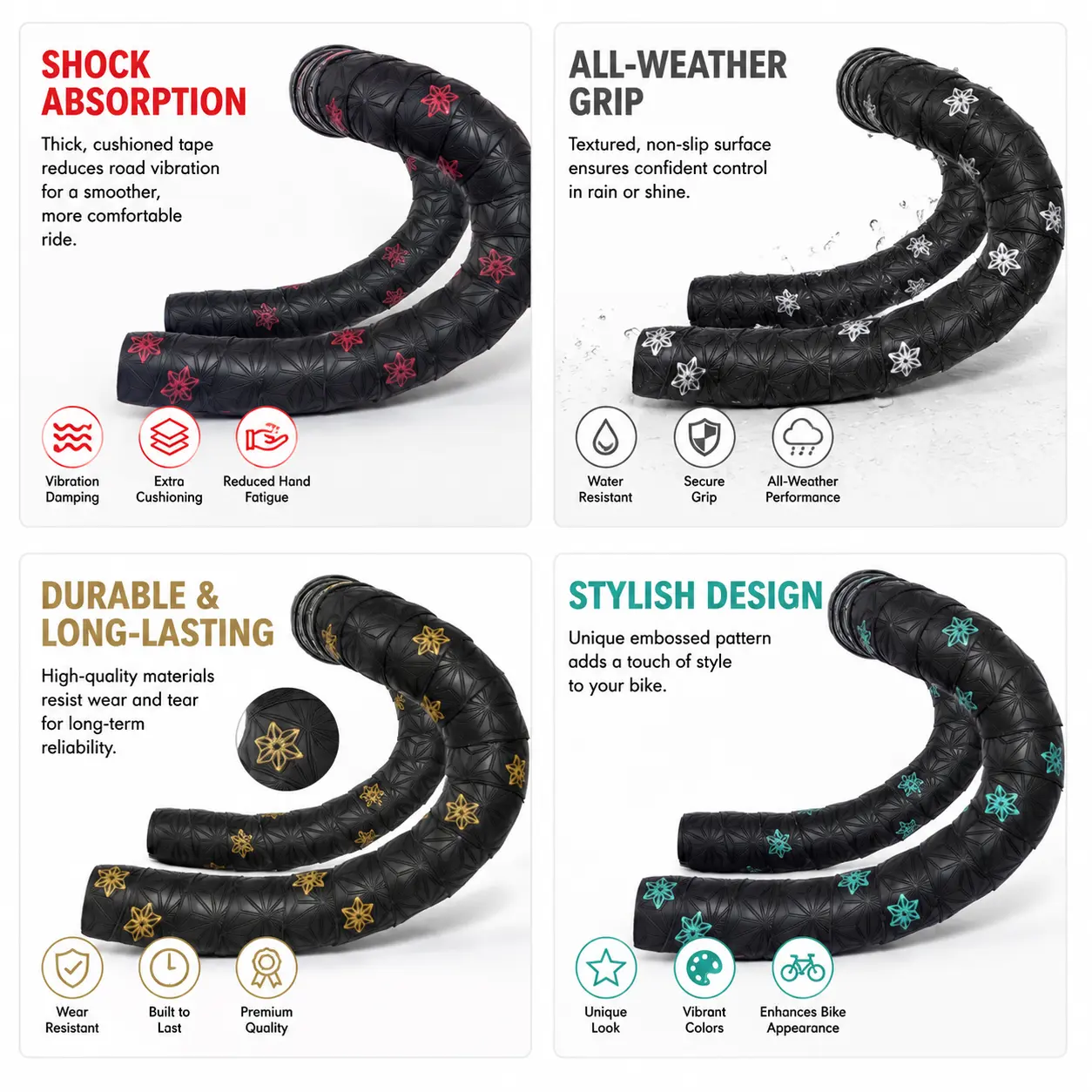 High-Performance Cycling Bar Tape for Road and Fixed-Gear Bikes – Dual-Tone Design with Enhanced Grip, Sweat-Absorbing Microfiber Surface, Shock-Dampening Foam Padding, and Universal Compatibility for Drop Handlebars