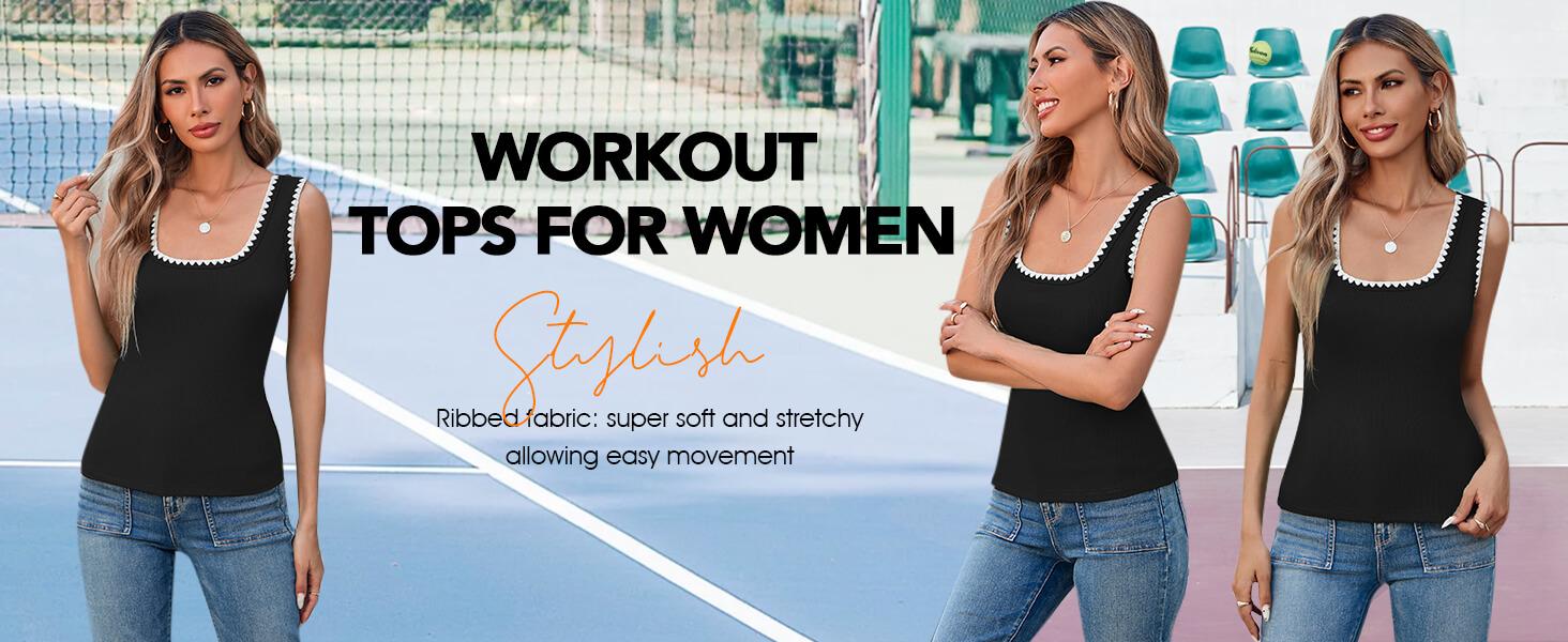 Yousify Women's Square Neck Tank Tops 2025 Summer Sleeveless Shirts Casual Slim Fitted Color Block Ribbed Tanks for Vacation Beach Home Workout Daily Wear