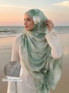 1pc Fashion Tie-Dye Single-Sided Printed Cotton Linen Cloth Hijab, Elegant Women's Headscarf, Muslim Daily Wear Turban, Breathable Beach Long Shawl