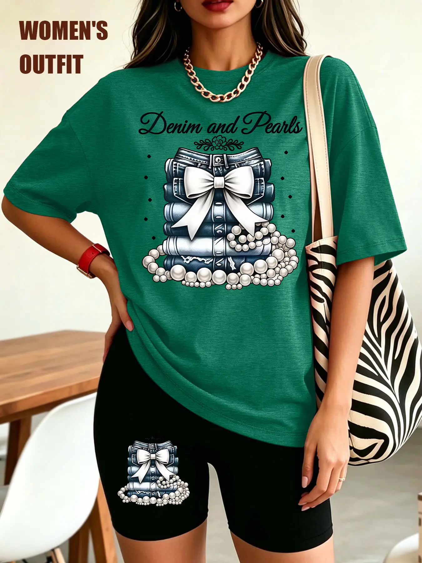 2Pcs Women Crew Neck Tee Biker Short Set, Denim Pearl Bow Retro American Minimal Print Outfit, Multi-color Washable Soft Spring Summer Casual Daily Fashion Set