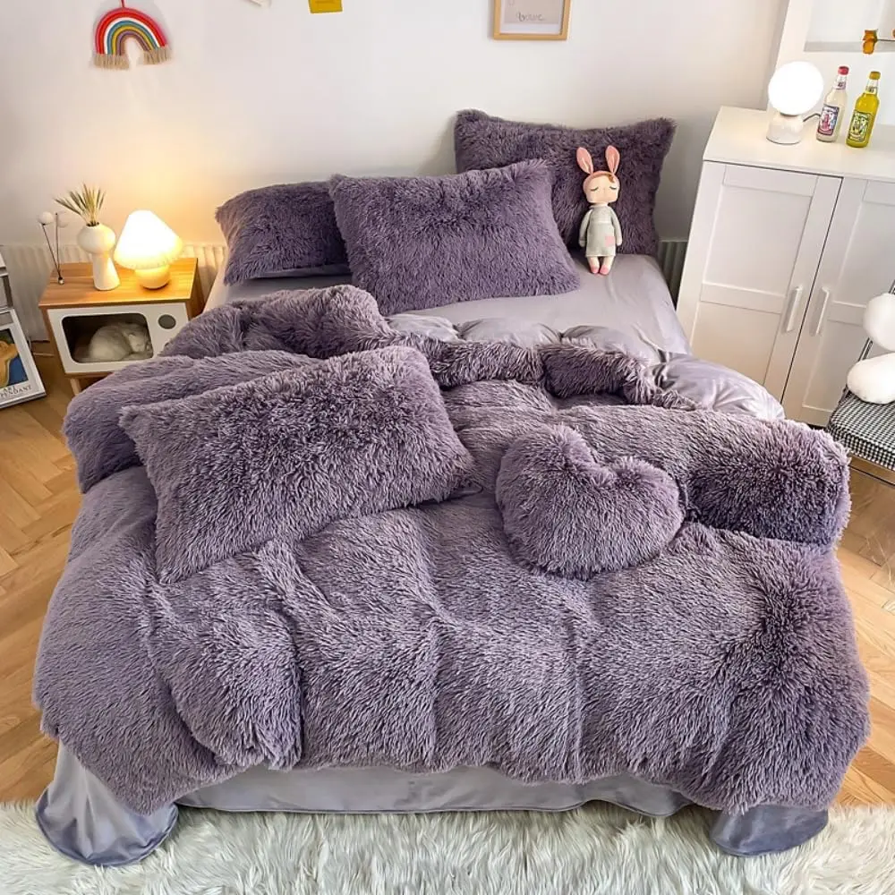Faux Fur Plush Purple Comforter Sets Queen - Soft Shaggy Flannel Velvet Fuzzy 3PC Bedding Set Comforter x 1 Pillowcases x 2