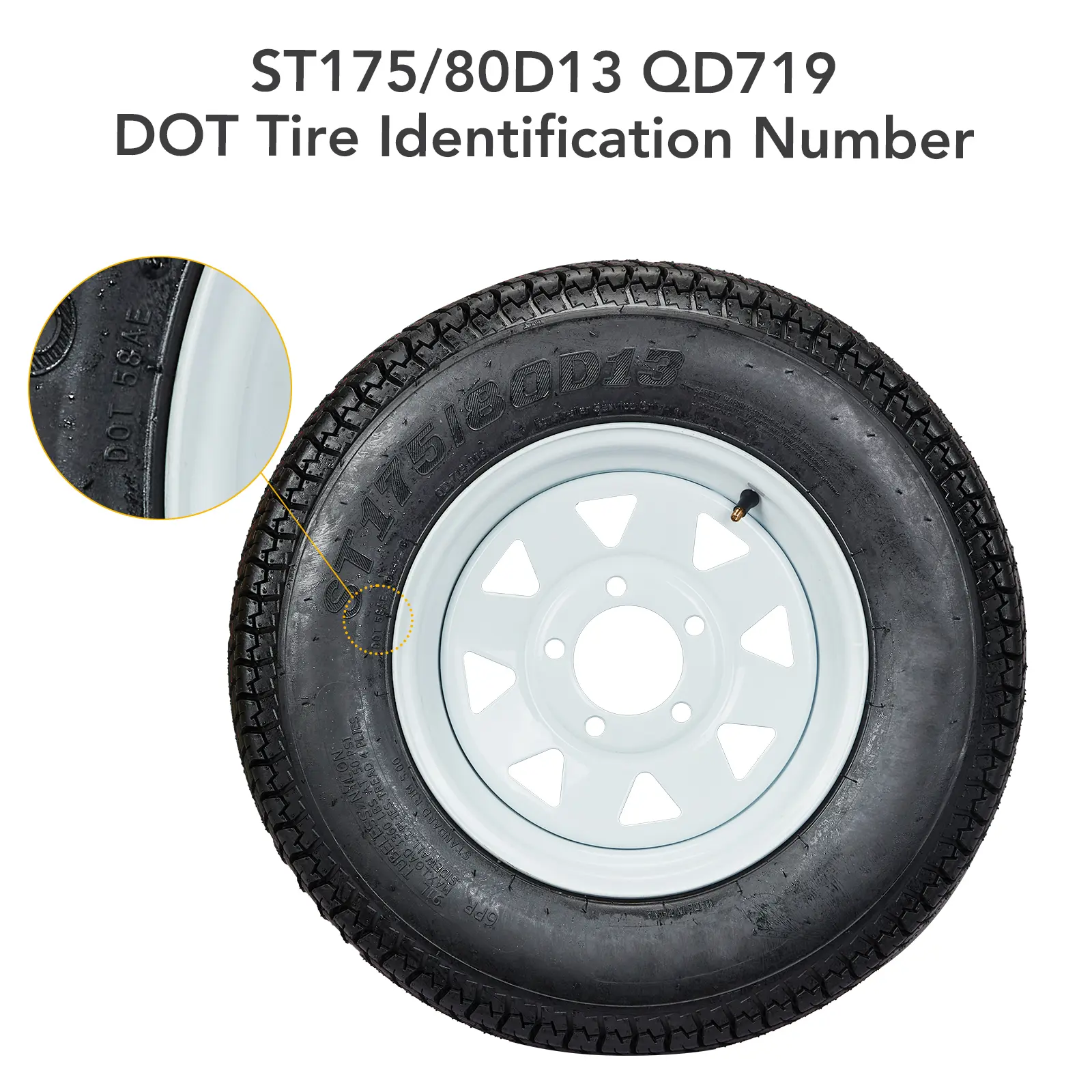 Heavy Duty 2-Pack ST175/80D13 Trailer Tires and Rims – 13" White Spoke Wheels, 5 Lug on 4.5" Bolt Design, Load Range C 6-Ply – Ideal for Boat, Utility, Camper Trailers – Easy Installation