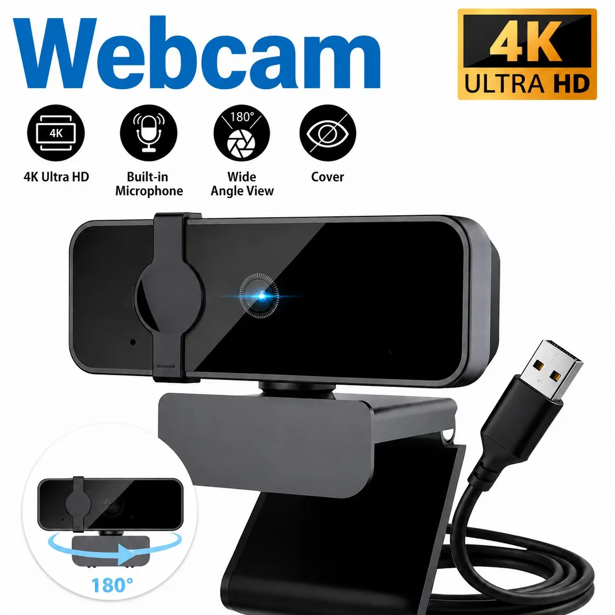 Webcam Pro Auto Focus Wide Angle Camera, Noise Cancelling Mic & Privacy Shutter, Plug and Play USB for PC Gaming, Youtube Streaming, Online Classes