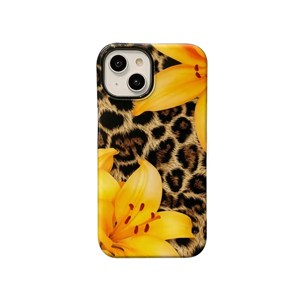 Golden Lily Leopard Print Shockproof TPU Shell Phone Case with Flat Printing - Luxury Warm Wild Chic Style, Wide Range Fit for iPhone 17,16,15,14,13,12,11 Plus Pro Max, Elegant Fashion Gift, High Detail, Iphone Series