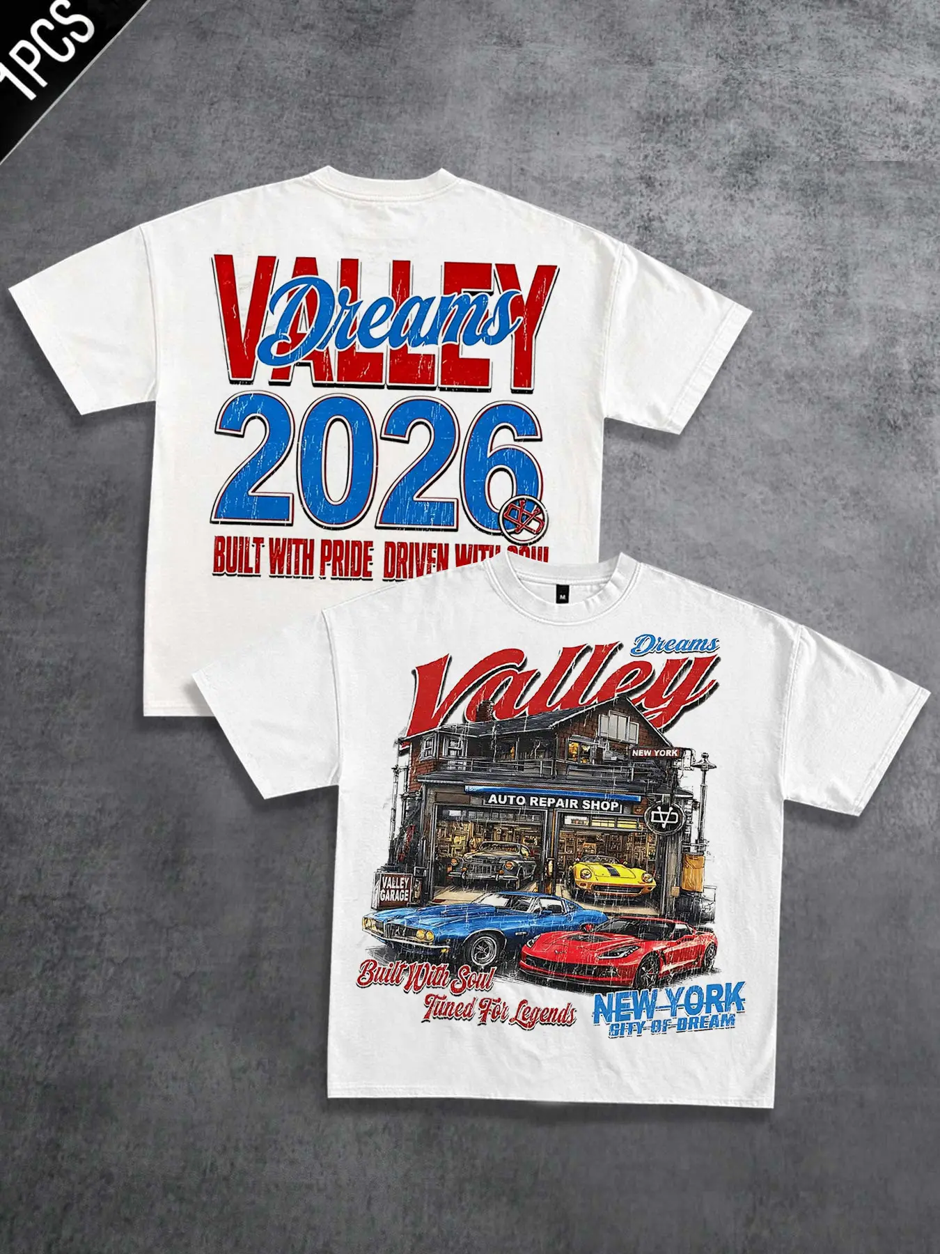 2026 Valley Dreams American Retro Garage Theme Double-Sided Print Men's Cotton T-Shirt Classic Muscle Sports Car Auto Repair Shop Retro Design Short Sleeve Summer High Street Hip Hop Trend Unisex Casual Cotton Top
