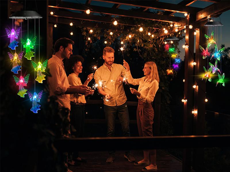 Solar-powered waterproof decorative wind chime light, featuring a color-changing angel design and 6 LED beads.  Suitable for outdoor hanging, it makes a perfect New Year's gift for mothers and grandmothers, and is ideal for porches, gardens, and patios.