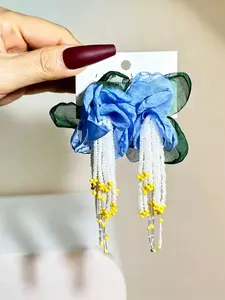 Handmade Blue Floral Beaded Fringe Earrings, Leaf Decor Dangle Studs, High-Quality Craftsmanship, Ideal Gift, Elegant Design, All Seasons