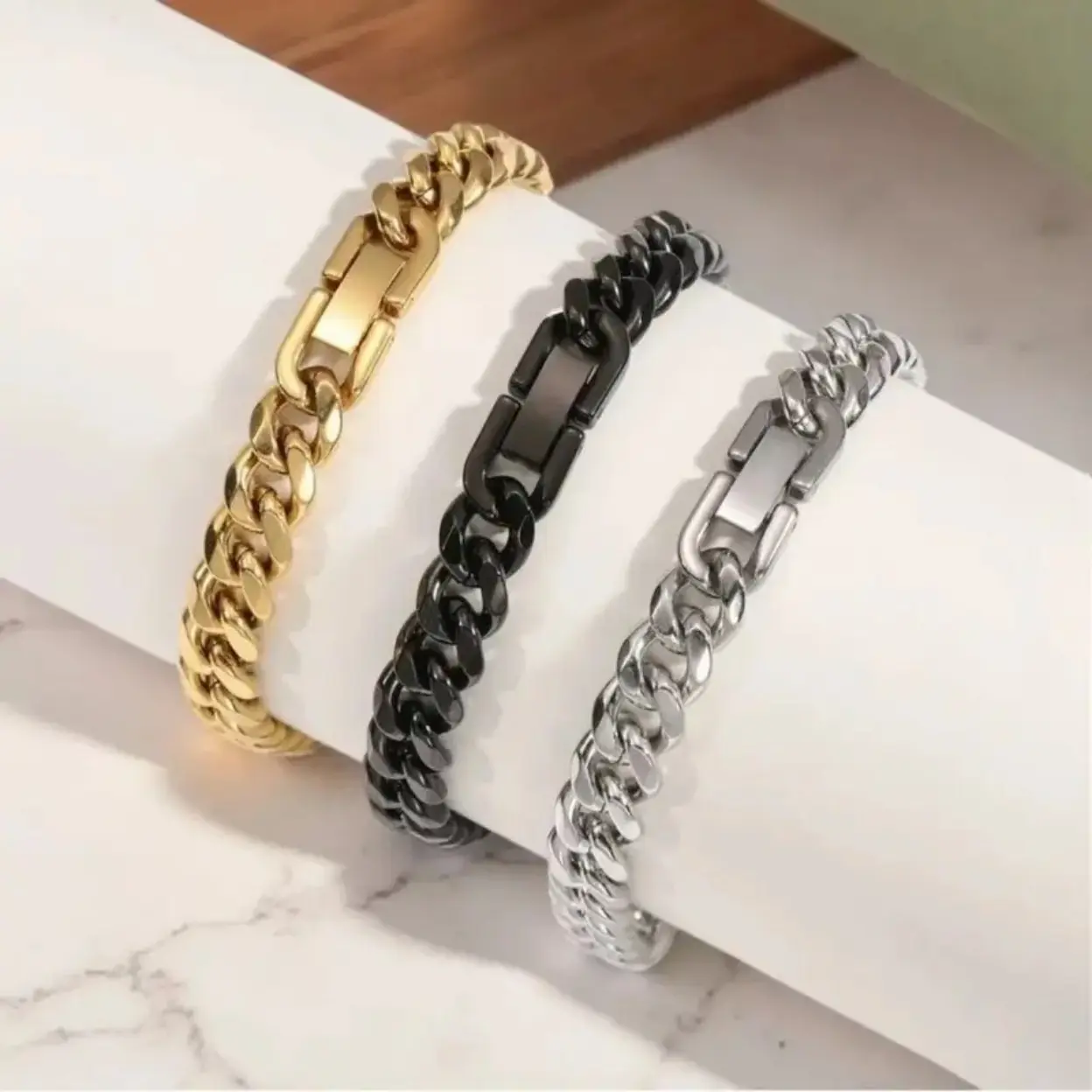 Male Minimalist Fade-Resistant Titanium Steel Cuban Link Bracelet, Gridded Carve Texture Chain, Mirror-Polished Secure Buckle, Versatile Daily Wear DIY Bag Accessory