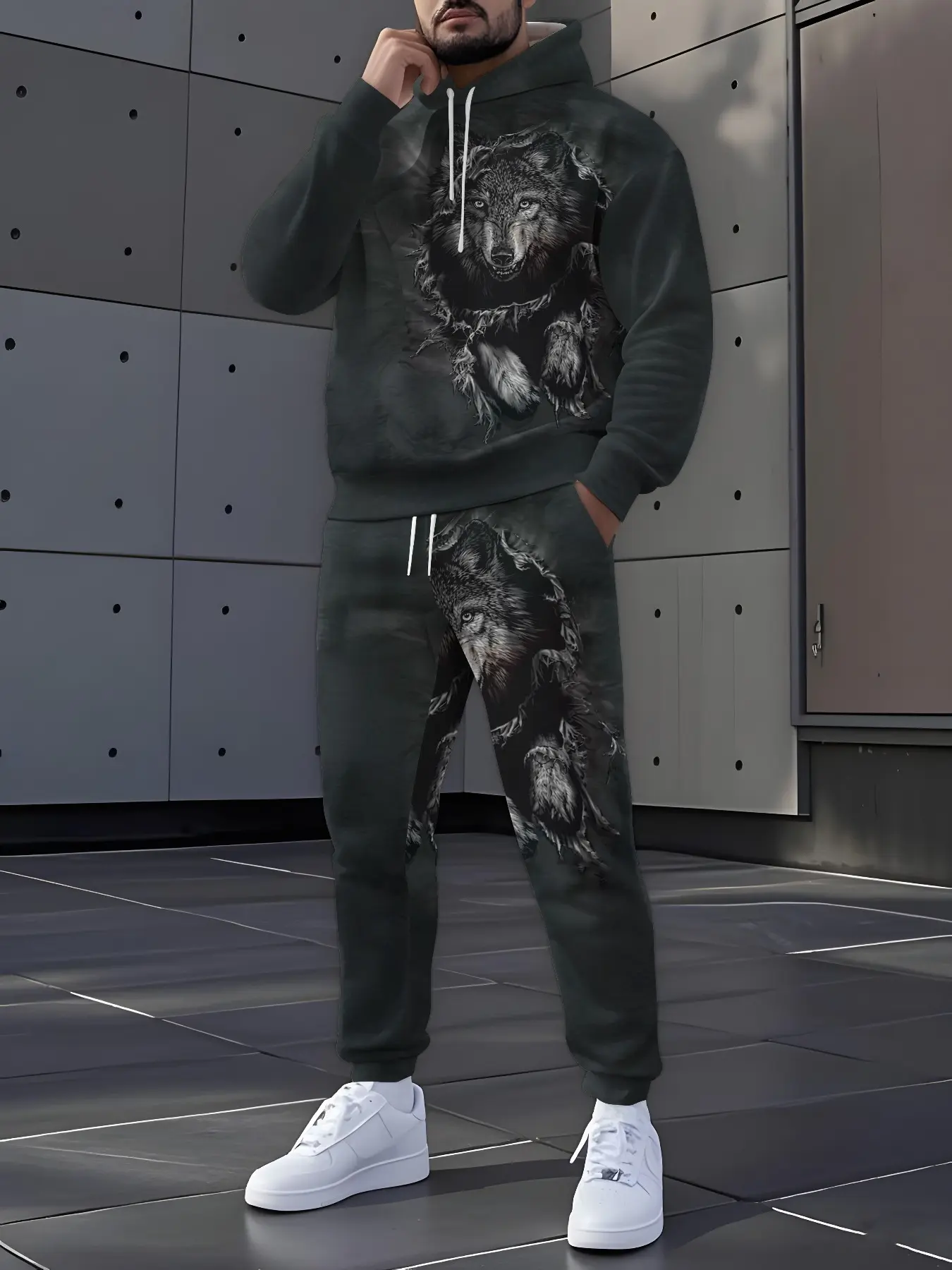 Autumn And Winter Men'S Fashion Wolf Totem Printed Hoodie Set Features A Stylish And Unique Pullover Hoodie Paired With Tapered Pants, Perfect For Casual Outings And Sportswear, Hooded Sportswear Set