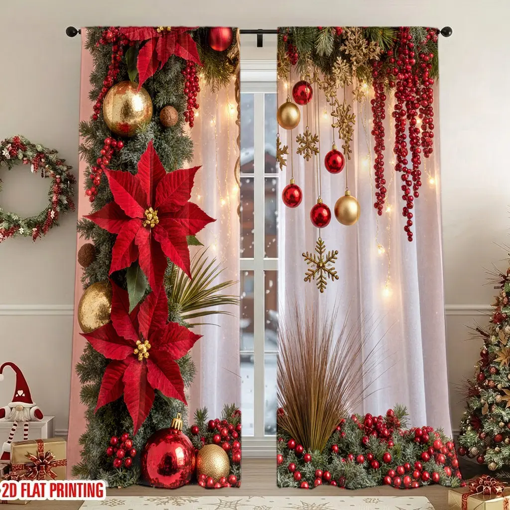 2Pcs Festive Christmas Poinsettia Snowflake Bauble Garland Curtains, Digital Printing, Privacy Protection with Soft Light, for Living Room Bedroom Holiday Home Decoration, Scene Decorations