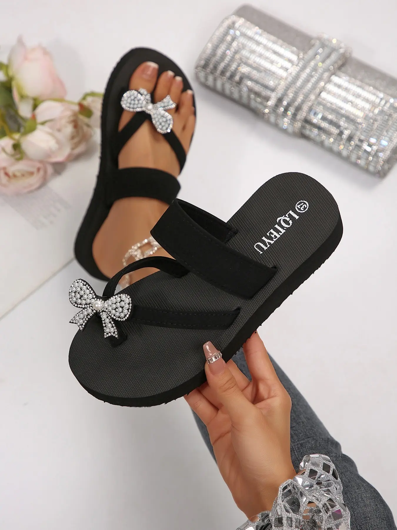 Women's Summer Sandals, Thick Sole Wedge Design, Double Layer Wide Strap, Rhinestone Butterfly Knot, Open Toe, Fashionable