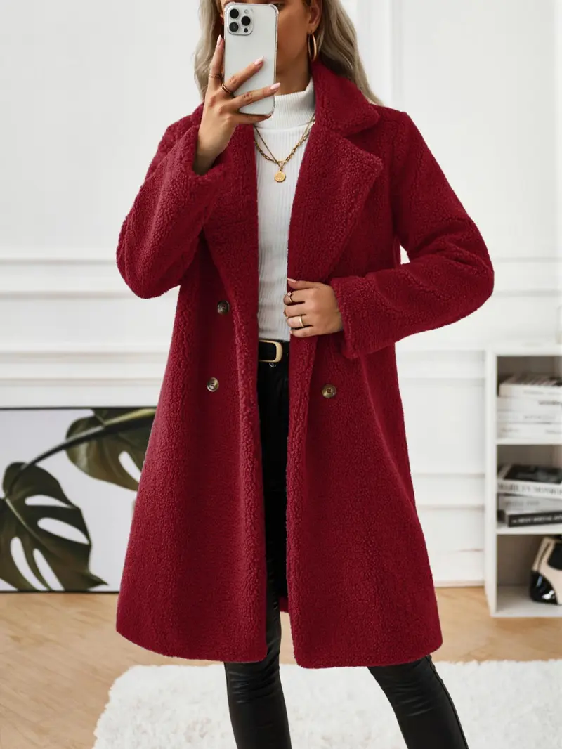 Product Introduction of Women's Solid Button Front Lapel Neck Fuzzy Coat, Casual Warm Long Sleeve Coat for Fall & Winter, Women's Clothing for Daily Wear 5