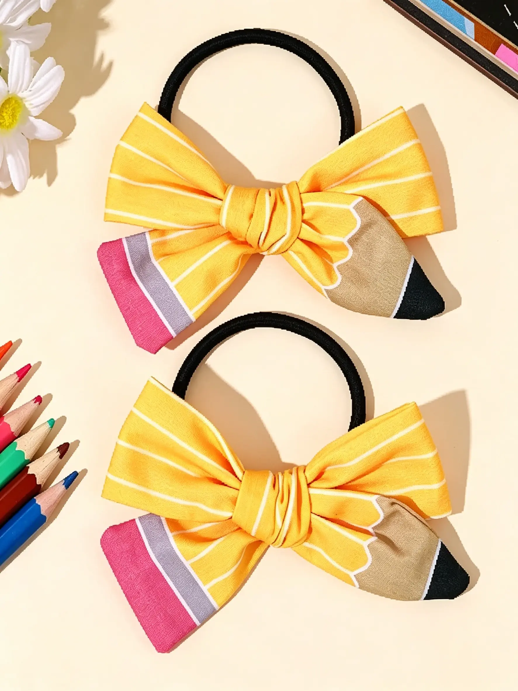 2-Pack Pencil Bow Hairbands, Bows For Hair, Cute Fabric Elastic Hair Ties, Back-To-School Accessories, Daily Wear, Student Party, Birthday Gift, Prize, Elastic Hair Accessory