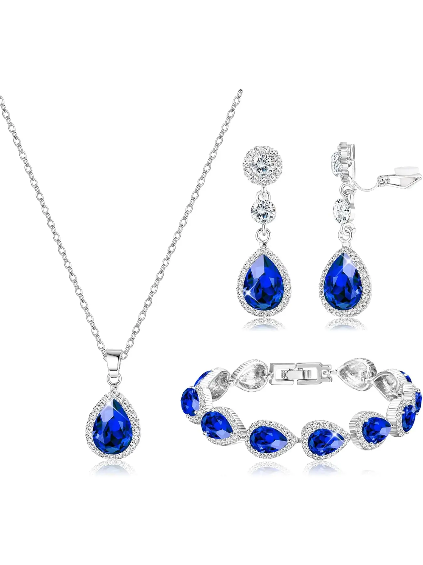 Bridal Jewelry Set Wedding Crystal Necklace Bracelet Clip On Earrings Rhinestone Pendant Teardrop Dangle Clip On Earrings Prom Bridal Party Bridesmaid Jewelry Set for Women
