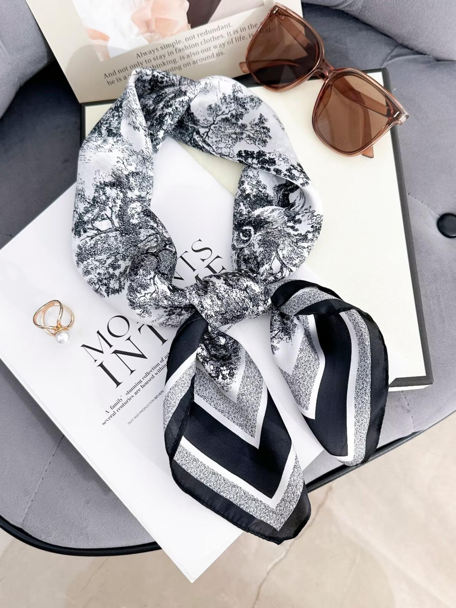 27.6 Inch Square Scarf with Landscape Print for Women, Fashionable Headband with Silk-like Elegance, All Seasons Casual Accessory for Style Enthusiasts