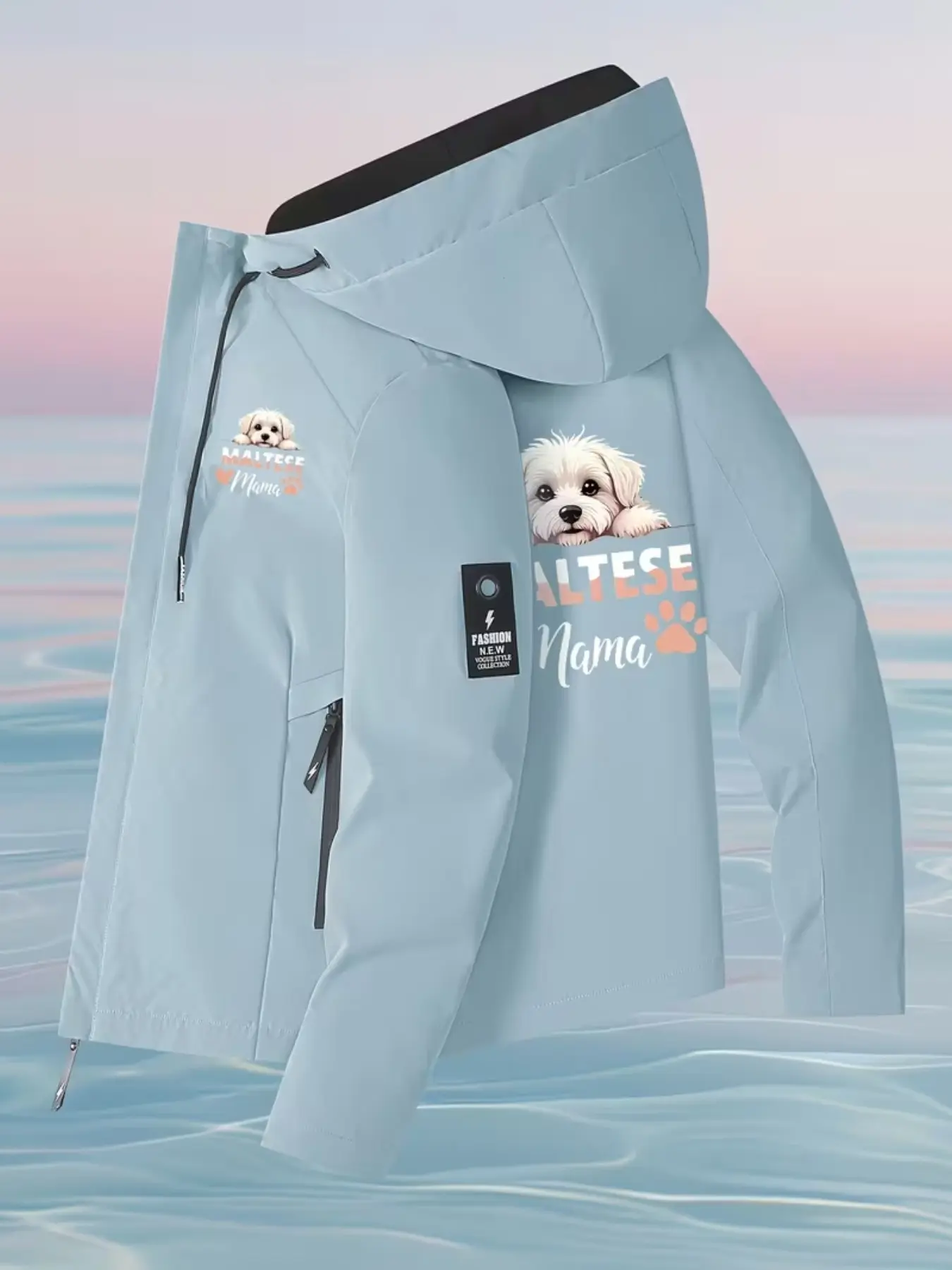 Women's Maltese Dog Mom Print Hooded Jacket, Casual Windproof Coat, Cute Pet Pattern Zipper Hoodie, Slim-Fitting Graphic Jacket