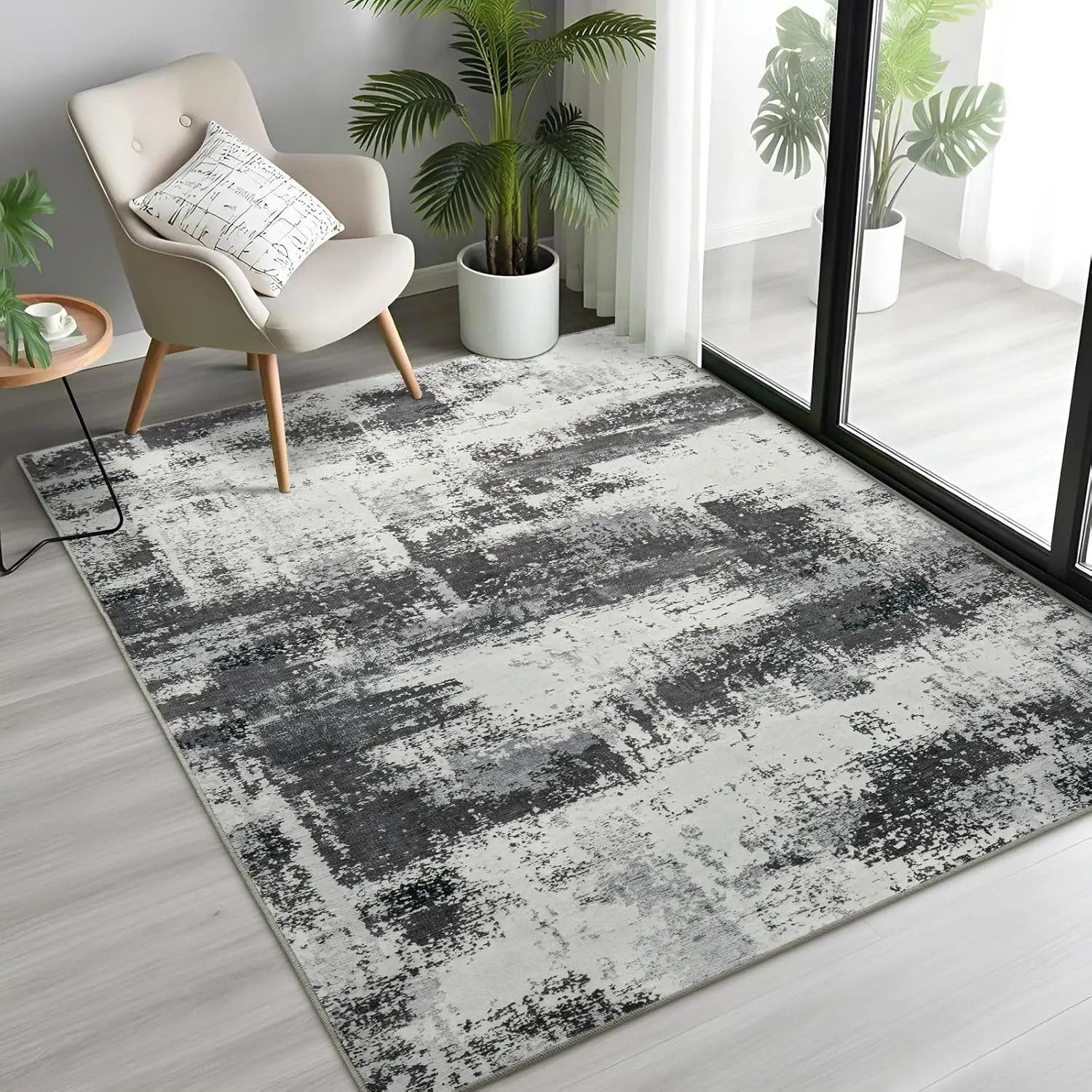 3x5 Rug for Entryway, Non Slip Machine Washable Area Rug, Soft Low Pile Thin Distressed Doormat for Indoor,, Dorm, Living Room, Bedroom, Grey