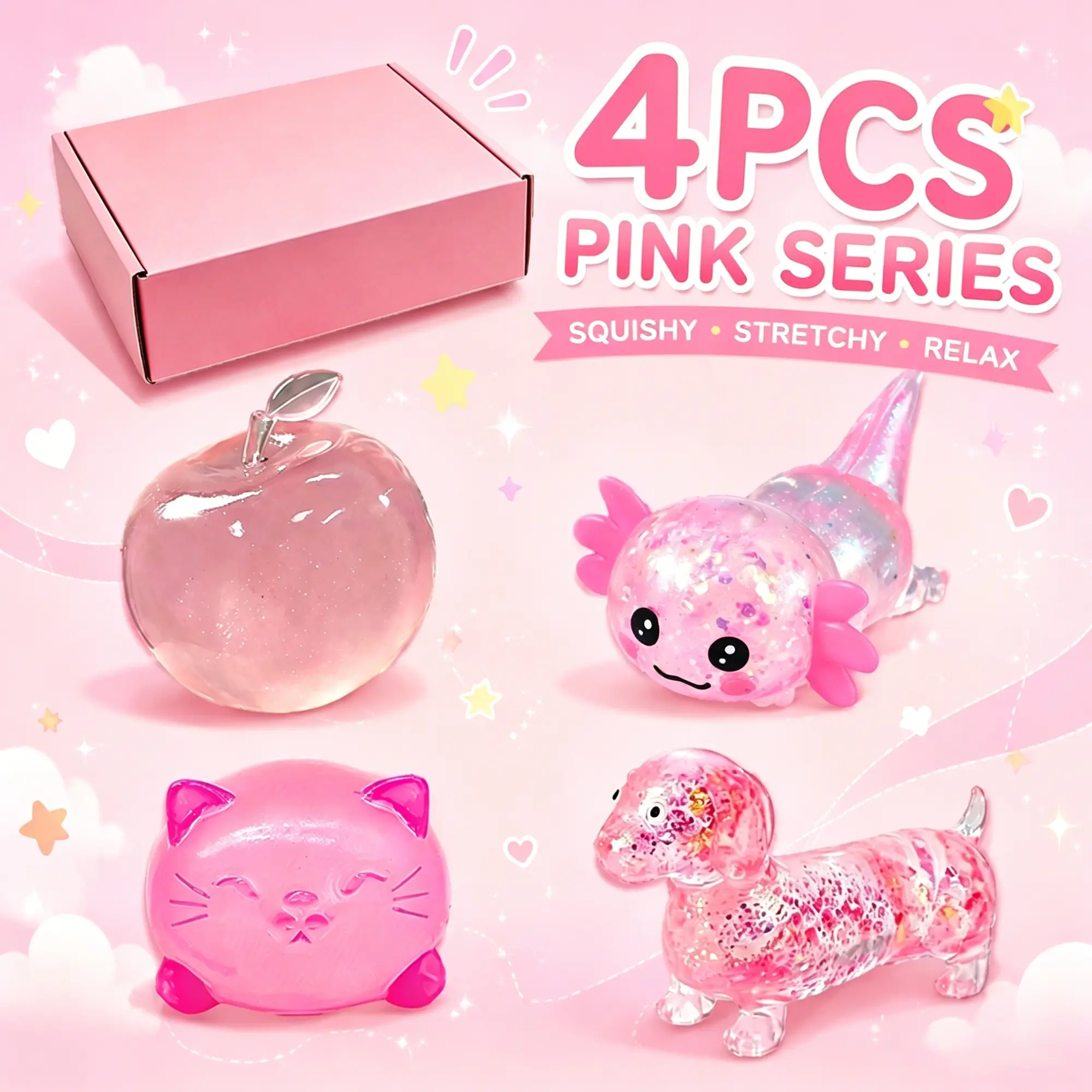 4-Piece Cute Mallow Stress Relief Fidget Toys, Slow-Return Creative Pressure Release, Perfect Party Gift Set, Slow Rising Squishy