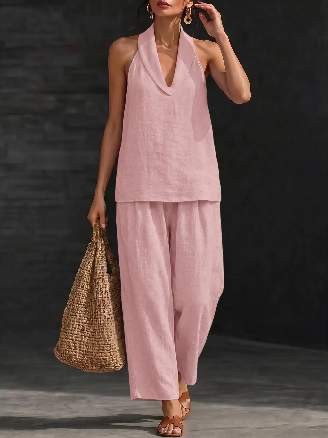Summer Vacation Chic Halter Neck, Soft Stretch Polyester Spandex, High Waist Wide Leg Palazzo Pants, Hidden Side Pockets, Casual Streetwear
