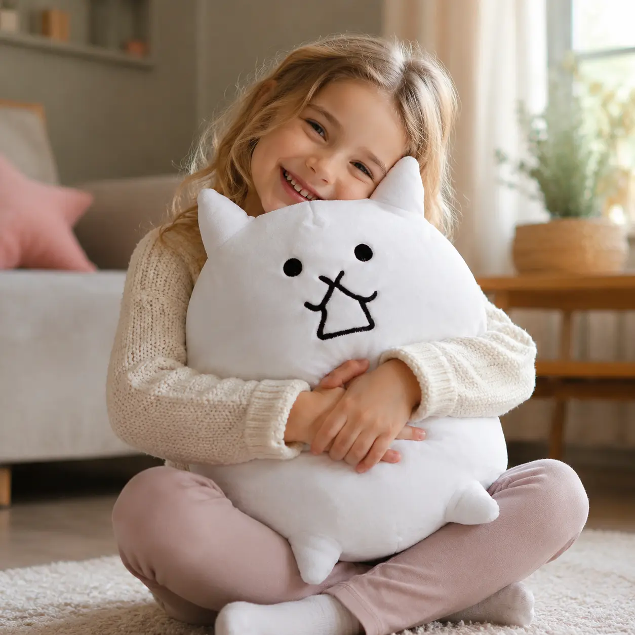 Minimalist Kawaii Chubby White Cat Plush Toy - Unisex Skin-Friendly Silky Stuffed Animal, Cuddling Toy with Simple Black-Line Face, Meme Pet Collectible Kitten Plushie