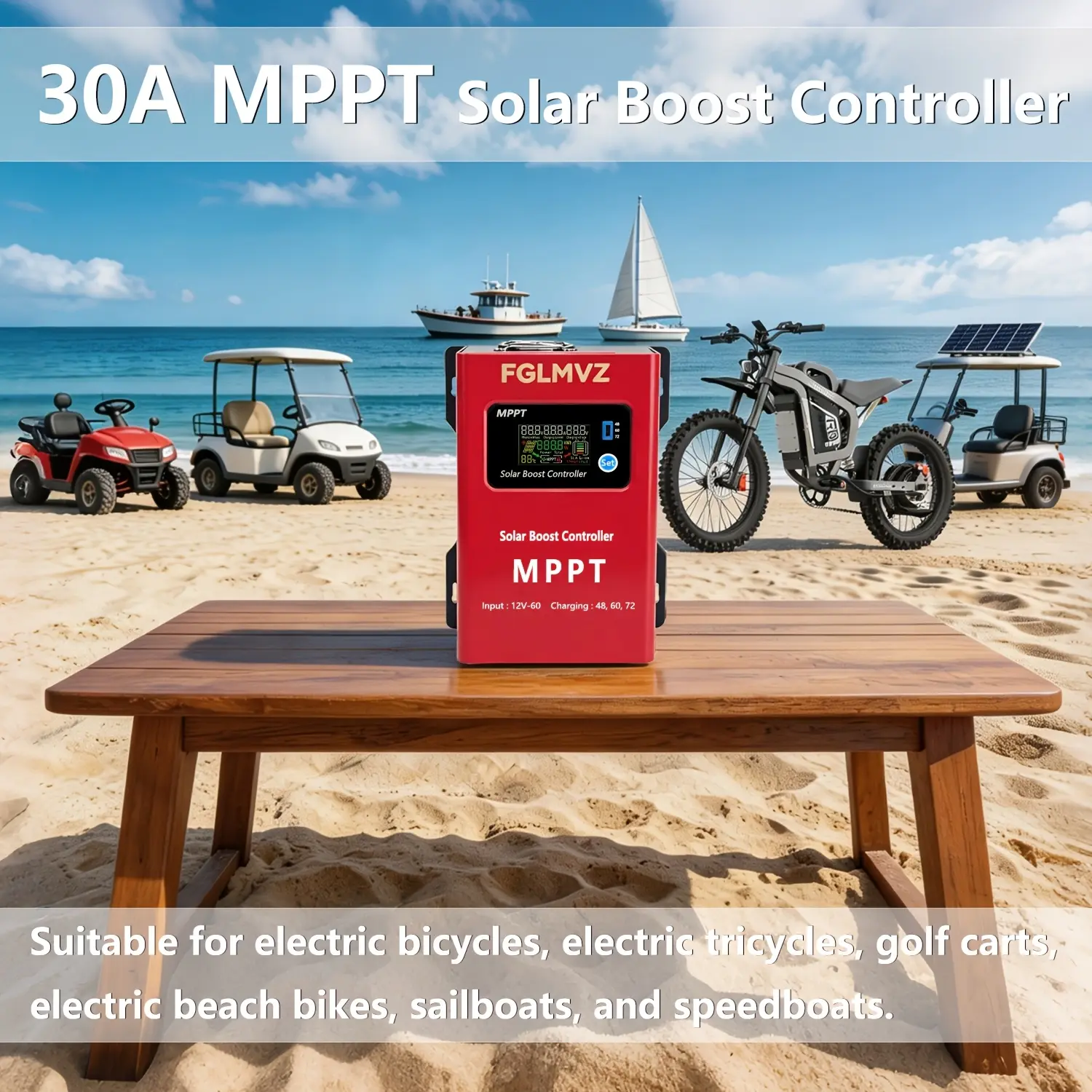 30A 1200W Boost MPPT Solar Charge Controller LCD, 12–60V PV Input 15A Max Output for 48/60/72V LiFePO4 Lead Acid Battery RV Golf Cart Solar System