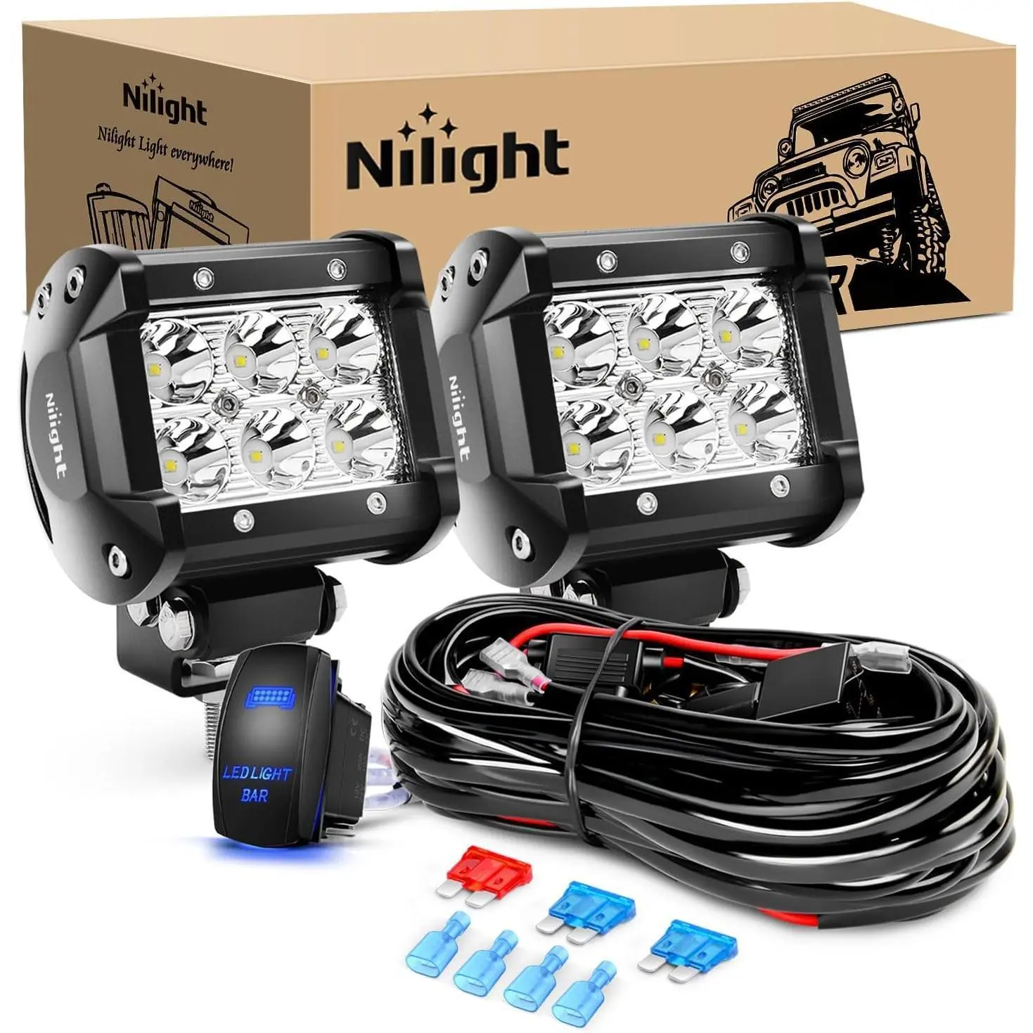Nilight 2PCS 18W Spot LED Pods - 9-30V DC 1260lm Car Lights with 12V 5Pin Rocker Switch, Universal Aluminum Off-Road Wiring Harness Kit for Trucks, SUVs, Ships, Yachts (Auto Accessories),car accessories