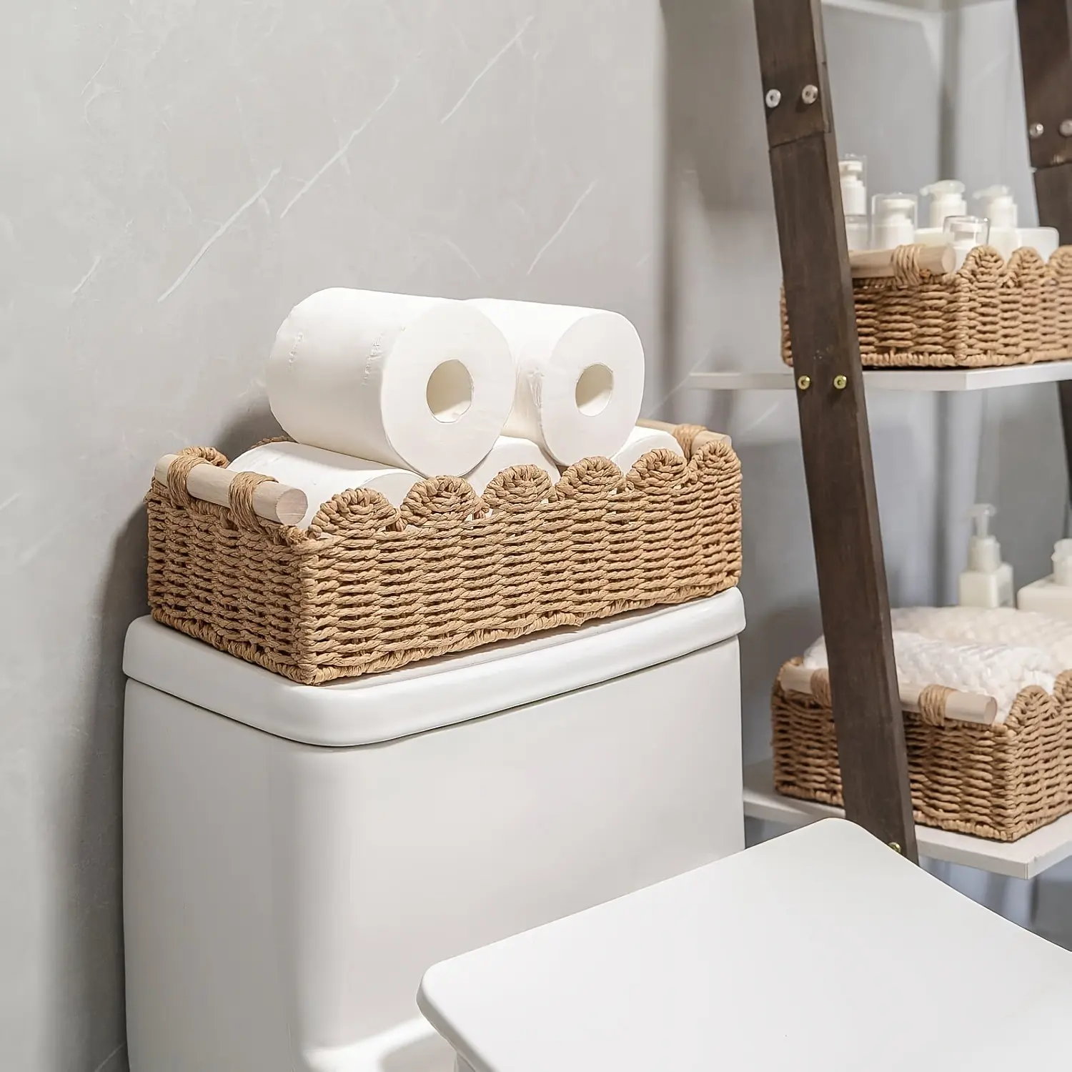 Handwoven Natural Rattan Wicker Storage Basket with Fan Edge Design, Handmade Woven Organizer for Toilet Tank Top, Decor Basket for Bathroom Bedroom Living Room,car