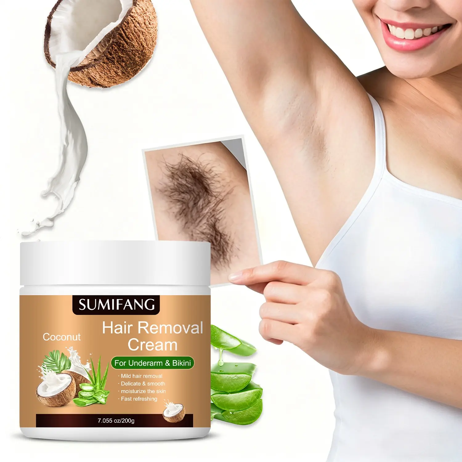 SUMIFANG Gentle Coconut Hair Removal Cream 200g, Natural hair remover – Coconut Oil + Aloe Vera + Ceramides – hair removal for sensitive areas, moisturizes and soothes skin, leaves skin smooth and soft, suitable for underarms and bikini line